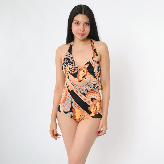 70s Psychedelic Floral One-Piece Swimsuit Orange Black Halter Scoop Back Small Medium