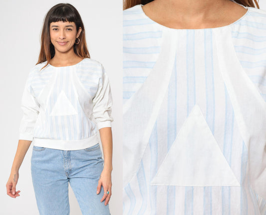 80s Striped T-Shirt Baby Blue White Triangle Graphic Half Sleeve Small