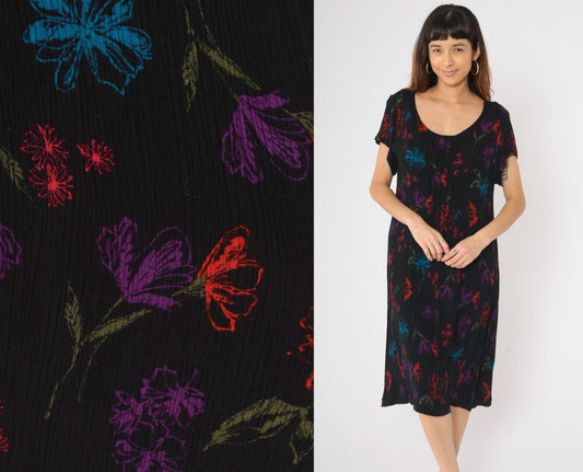 90s Black Floral Rayon Midi Dress Pintucked Scoop Neck Short Sleeve Medium Large