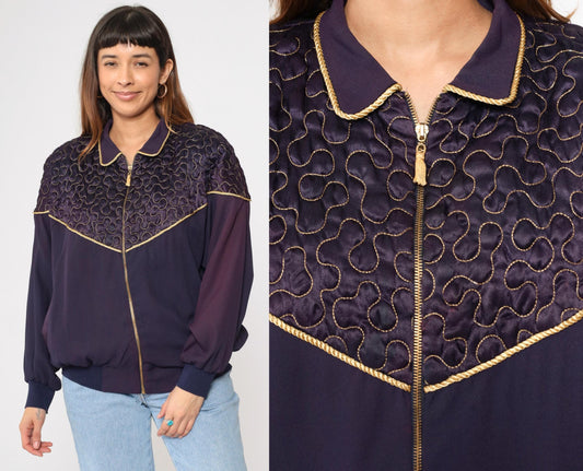 90s Purple Quilted Windbreaker Jacket Gold Trim Western Yoke Bomber Large L