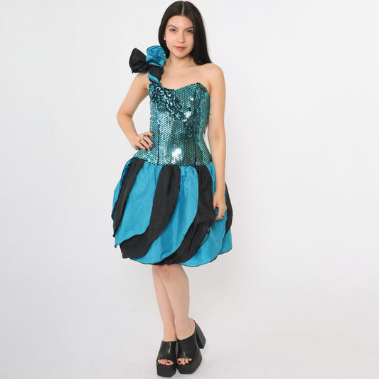 80s J Reynolds Designs Turquoise Sequin Strapless Dress Balloon Skirt Small