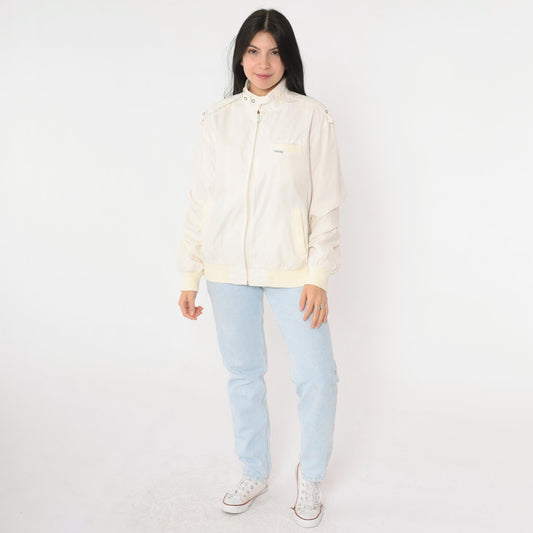80s Cafe Racer Jacket Ivory Bomber Windbreaker Yellow Trim Epaulette Large L