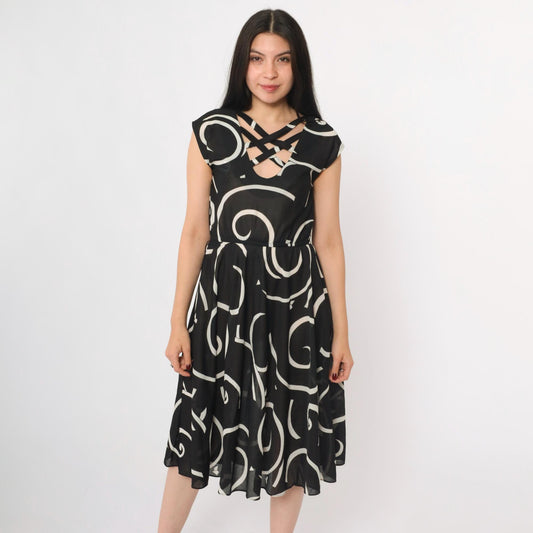 80s Black White Abstract Swirl Print Midi Dress Criss-Cross Neckline Cap Sleeve Small