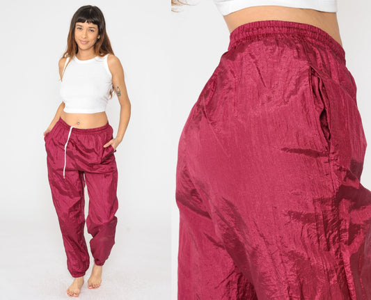 90s Burgundy Nylon Track Pants Drawstring Waist Small