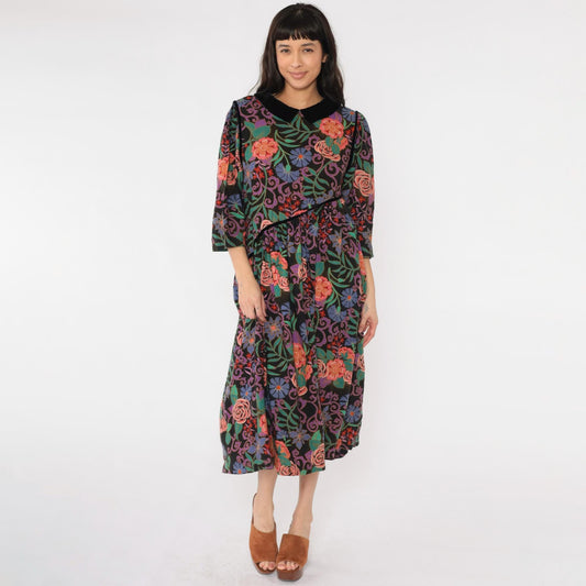 80s Floral Midi Dress Black Multicolor Peter Pan Collar Velvet Asymmetrical Large