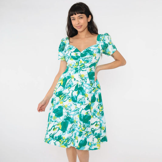 60s Green Abstract Floral Sequin Beaded Dress Sweetheart Puff Sleeve Small