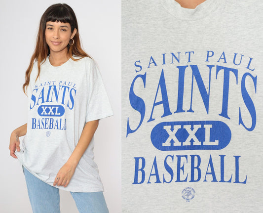 90s Saint Paul Saints Baseball Graphic T-Shirt Grey Fruit of the Loom Extra Large