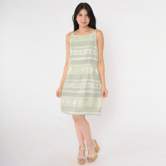 Y2K Fashion Bug Jacquard Mini Dress Light Green Floral Striped Sheath Medium