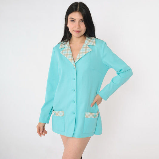70s Aqua Blue Checkered Collar Blazer Button-Up Jacket Medium