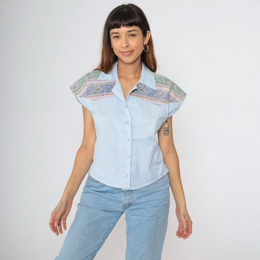 90s Southwestern Blue Striped Button-Up Blouse Star Print Cap Sleeve Medium