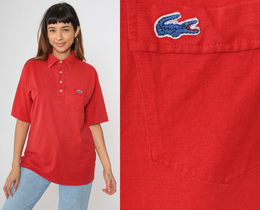 80s Lacoste Izod Polo Shirt Red Crocodile Logo Cotton Medium