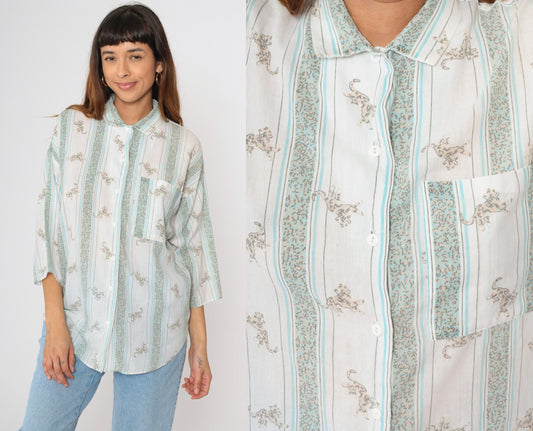 80s Leopard Striped Button-Up Blouse White Blue 3/4 Sleeve Large