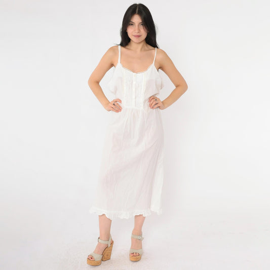 90s Laura Ashley White Cotton Nightgown Pintuck Lace Spaghetti Strap Large