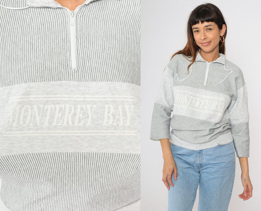 90s Monterey Bay Sweatshirt Grey Striped Quarter Zip Pullover Medium
