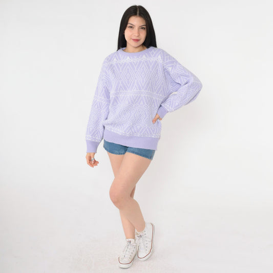 80s Lavender Diamond Geometric Knit Sweater Crewneck Pullover Medium Large