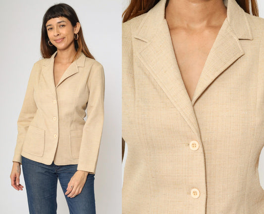 70s Beige Polyester Blazer Button-Up Jacket Deep V Neck Small