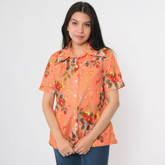 70s Smartique Floral Button-Up Blouse Orange Dagger Collar Short Sleeve Medium