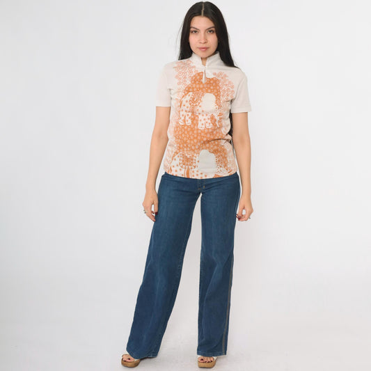 70s Elephant Mandarin Collar Shirt Beige Burnt Orange Print XS