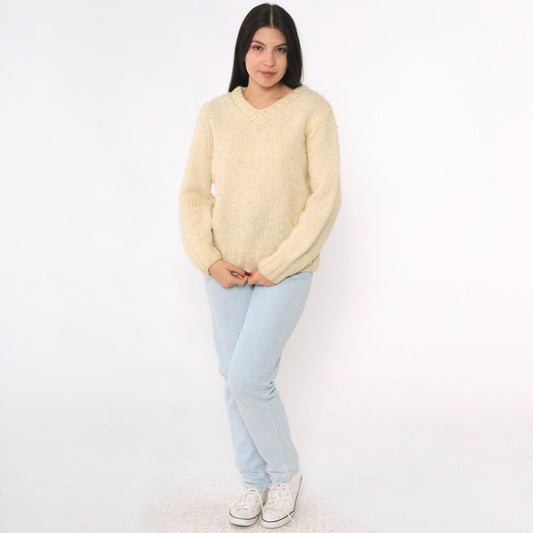 80s Cream Slub Knit V-Neck Sweater Pullover Medium M