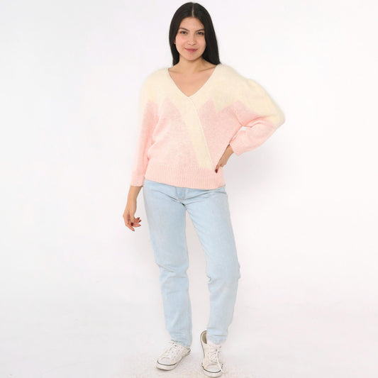 80s Pink Cream Angora Chevron V-Neck Sweater Pullover Medium