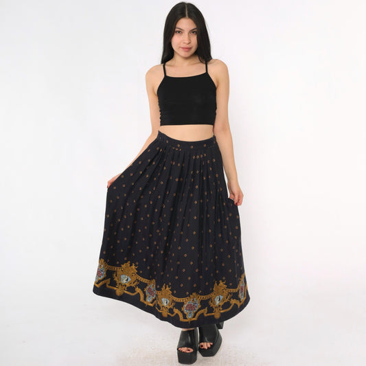 80s Chaus Navy Rayon Midi Skirt Baroque Cameo Print Elastic Waist Small