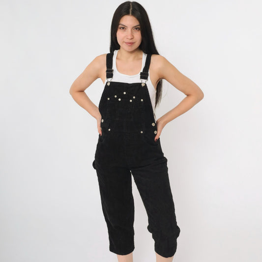 90s Arizona Jean Company Black Corduroy Overalls Cropped Straight Leg Extra Small