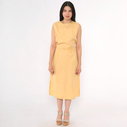 90s Rafaella Yellow Linen Midi Dress Button Back Sleeveless Medium 10