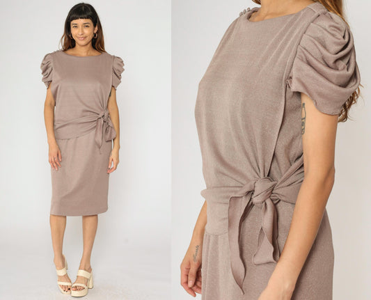 80s Taupe Puff Sleeve Midi Dress Metallic Knit Side Tie Waist Medium