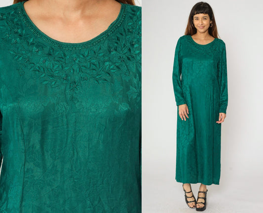 90s Sarah Elizabeth Green Floral Jacquard Maxi Dress Beaded Embroidered Medium 8