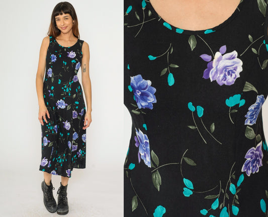 90s Black Floral Midi Dress A-Line Sleeveless Princess Seam Small