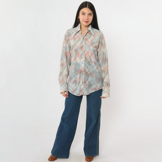70s Sears Checkered Button-Up Shirt White Dagger Collar Long Sleeve Men's Medium M