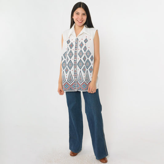 70s Geometric Diamond Print Sleeveless Blouse White Button-Up Collar Large L