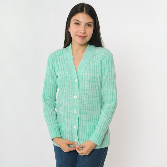 70s Space Dye Cardigan Mint Green White V-Neck Button-Up Knit Small S
