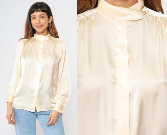 80s Jones Wear Cream Satin Mock Neck Blouse Long Sleeve Small 6