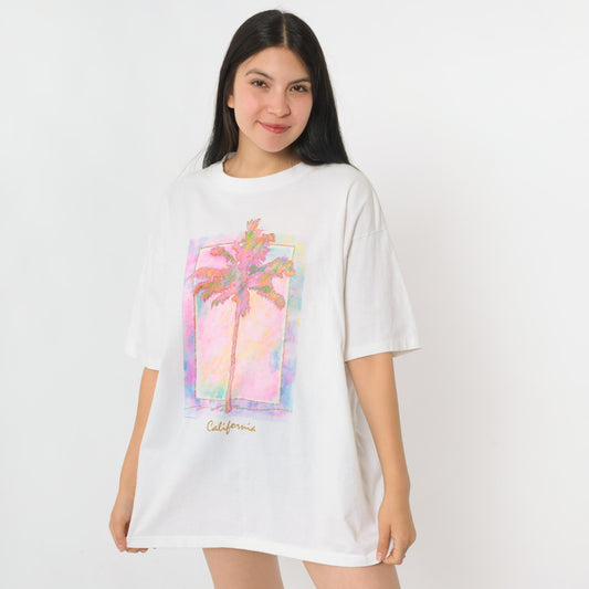 90s California Palm Trees Metallic Graphic T-Shirt White Gold Glitter Extra Large