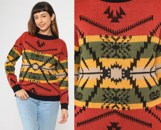 80s Southwestern Geometric Knit Sweater Red Black Ringer Crewneck Medium