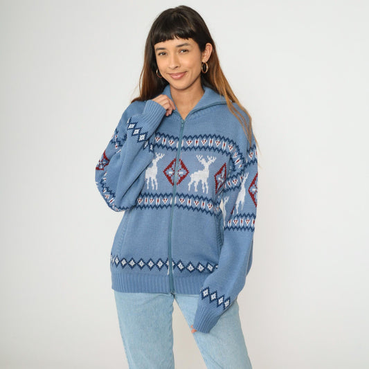 Y2K Fair Isle Reindeer Cardigan Blue Nordic Zip Knit Small S