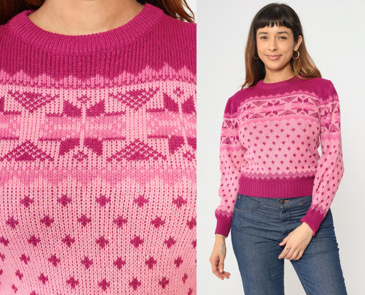 80s Pink Fair Isle Puff Sleeve Sweater Nordic Knit Small