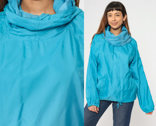 80s Obermeyer Anorak Ski Jacket Blue Nylon Hooded Pullover Large