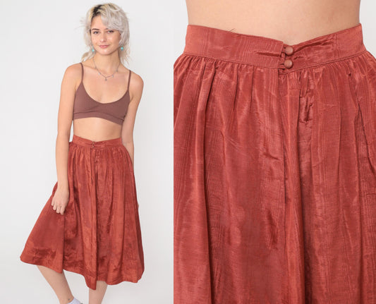 80s Rust Orange Midi Skirt High Waist Pleated Full A-Line Extra Small