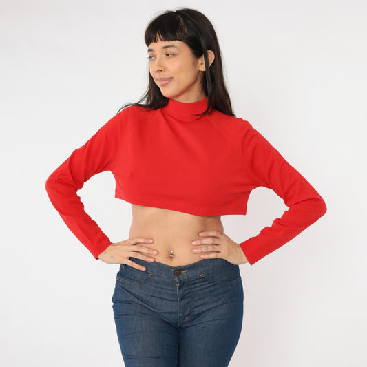 70s Red Crop Top Mock Neck Long Sleeve Nylon Knit Medium
