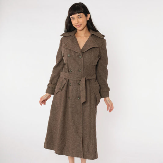 1960s Brown Wool Trench Coat Double Breasted Belted Midi Medium M