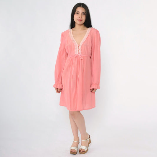 70s Pink Babydoll Dress Puff Sleeve Empire Waist Mini Sheer Ruffle Trim Large