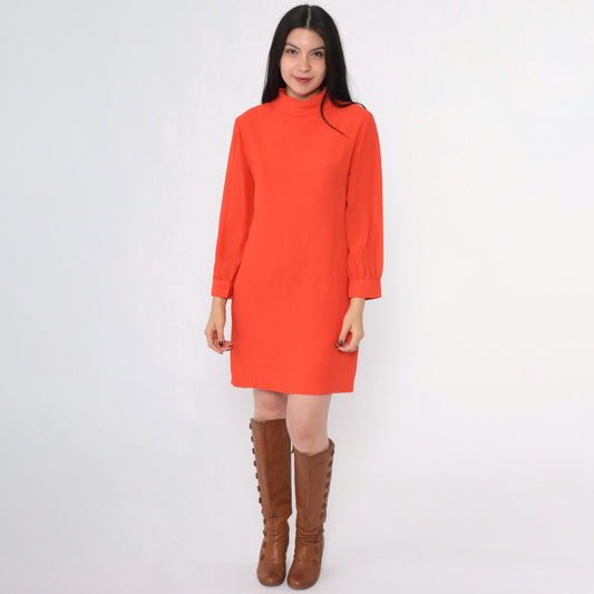 60s Orange Shift Dress Mock Neck Long Sleeve Mini Mod Space Age Small