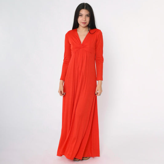 70s Red Maxi Dress Empire Waist V-Neck Long Sleeve Small S