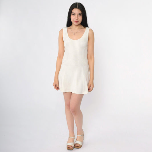60s Tennisknit Hampton Court Off-White Knit Mini Dress Scoop Neck Drop Waist XS