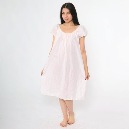 80s Miss Elaine Pink Striped Midi Nightgown Lace Scoop Neck Medium
