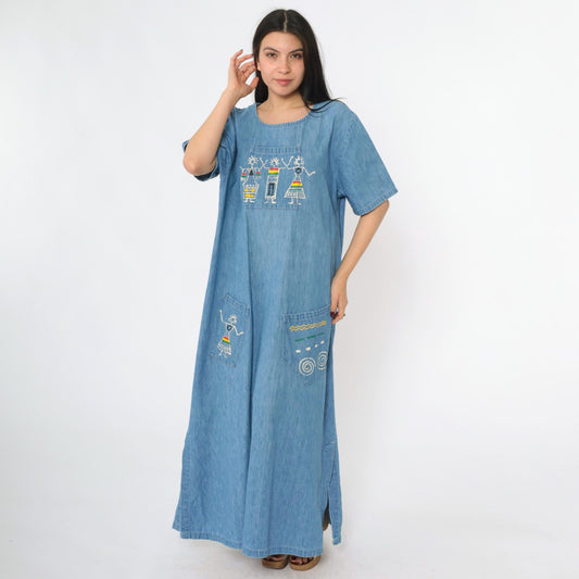 90s Over Charge Blue Denim Maxi Dress Reggae Graphic Short Sleeve Medium M