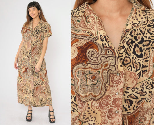 90s Leopard Paisley Maxi Shirtdress Animal Print Button-Up Yellow Burnt Orange Large 14