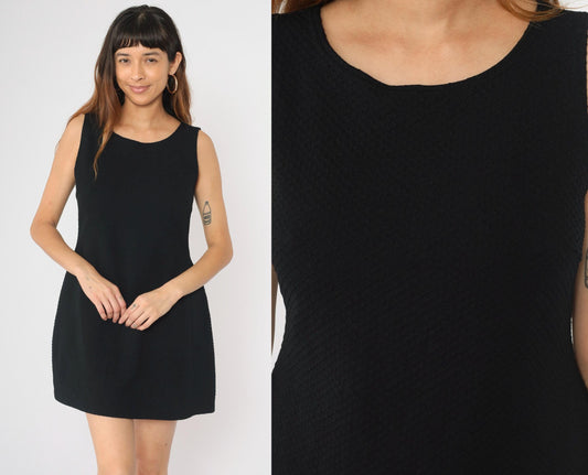 90s Black Honeycomb Textured A-Line Mini Dress Sleeveless Scoop Neck Small Medium